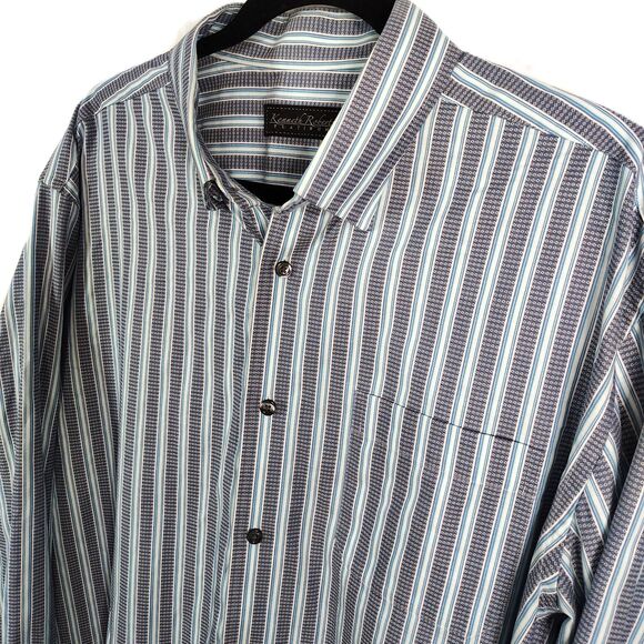 KENNETH ROBERTS Cotton Button-Down XL Men's Blue Striped Long Sleeve Dress Shirt - Picture 1 of 4